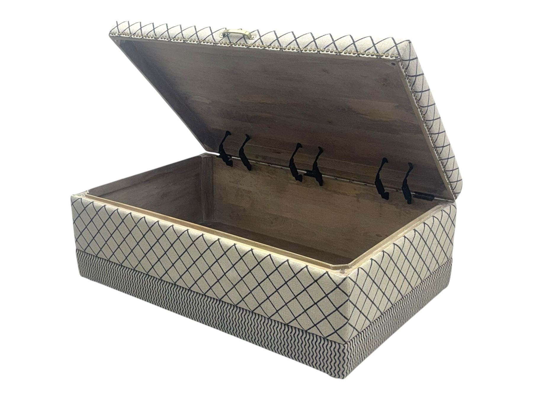 Oka - contemporary mango wood upholstered ottoman, rectangular frame with a printed cotton dhurrie featuring a diamond pattern and wavy stripe border, fitted with brass hinges, decorative studs, and handle