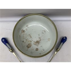 Wedgwood blue Jasperware salad bowl with silver plated collar and matching servers, bowl D22.5cm