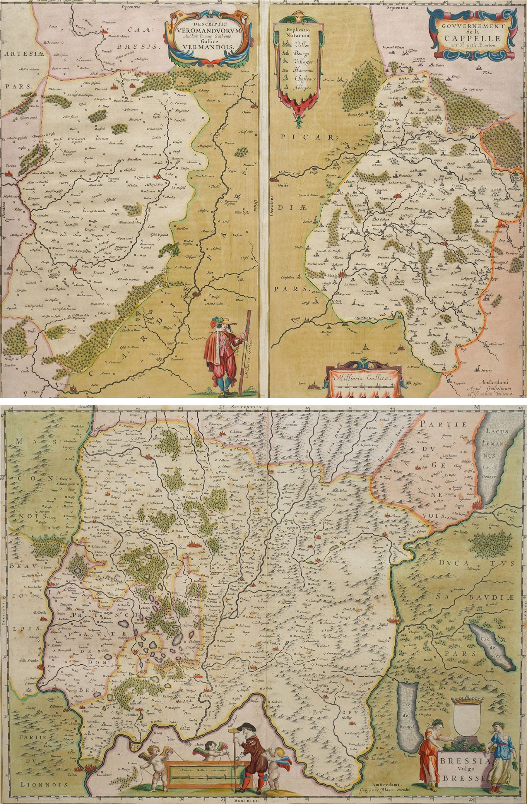 Willem Janszoon Blaeu (Dutch 1571-1667): 'Bressia Vulgo Bresse', 17th century engraved map with hand-colouring with hand-colouring Bresse Region in France pub. 1665; Johannes (Joan) Blaeu (Dutch 1596-1673) and Willem Janszoon Blaeu (Dutch 1571-1667): 'Descriptio Veromanduorum Auctore Joanne Suthonio Gallice Vermandois. Gouvernement de la Cappelle', 17th century engraved map with hand-colouring of France pub. c.1640, 39cm x 59cm (2)