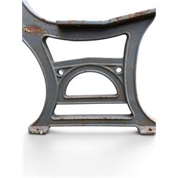 Set of three mid-20th century cast iron towns and park bench ends, scrolling pediment over arched stretchers, length to be altered as desired