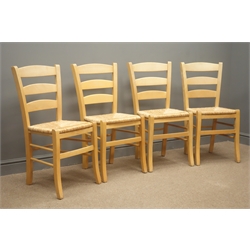  Set four beech ladder back chairs, rush seats, square tapering legs, turned stretchers  