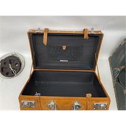 Large travel trunk with studded decoration and hinged lid, together with a leather suitcase, trunk H36cm, L91