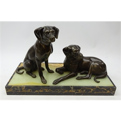  Art Deco pair bronzed spelter seated Labrador's mounted on onyx and marble rectangular plinth, L52cm   
