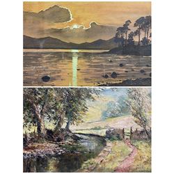 Ken Johnson (British 20th century): 'Path by the River at Dentdale', oil on board signed; Norman Jackson (British 20th century): Lakeland Sunset, watercolour signed max 38cm x 49cm (2)