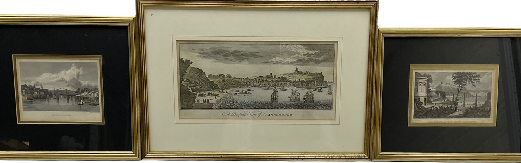 Edward Francis Finden (British 1791-1857) after William Westall (British 1781-1850): 'Whitby Yorkshire', engraving with hand-colouring together with after Nathaniel Whittock (British 1791-1860): 'The Museum and New Bridge - Scarborough', engraving with hand colouring and 'A Perspective View of Scarborough', 19th century engraving with hand-colouring max 15cm x 31cm (3)
