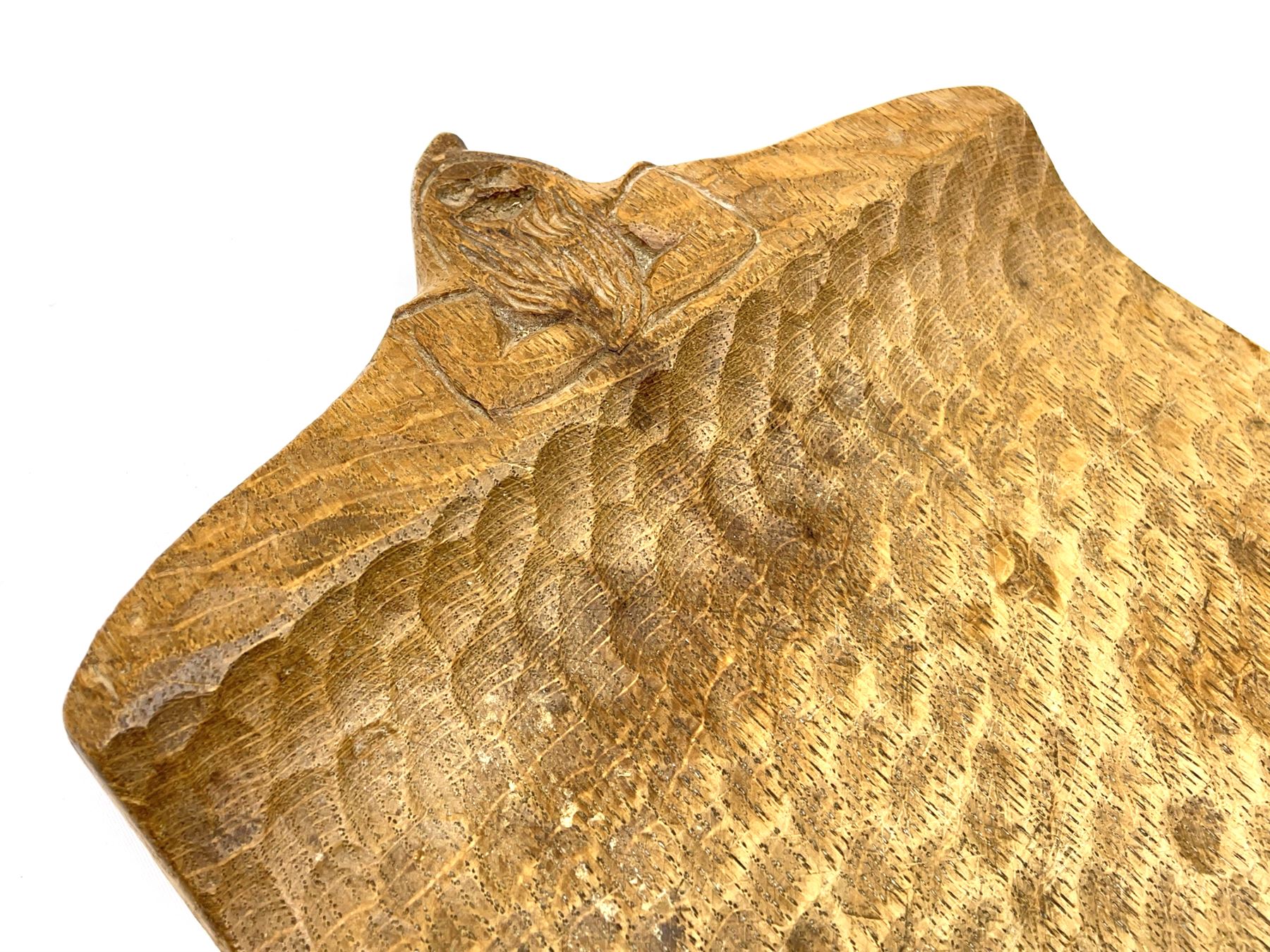 'Gnomeman' tooled oak twin handle rectangular tray, carved in relief with two gnomes, by Thomas Whittaker of Littlebeck 