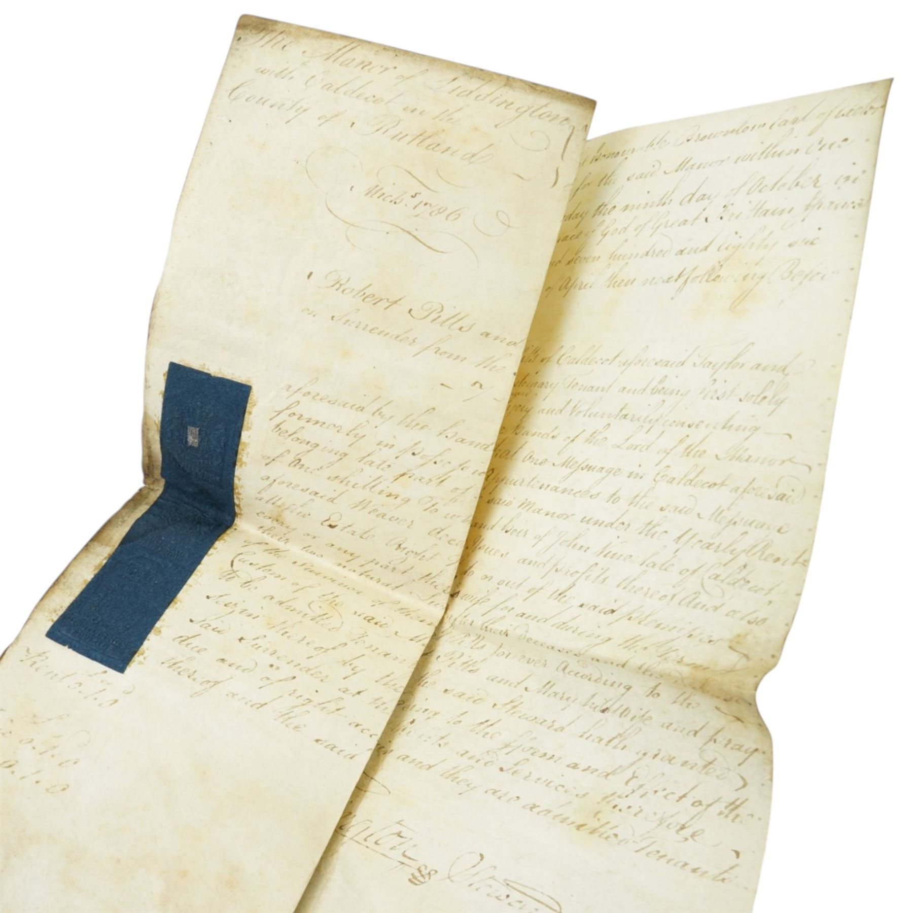 George III surrender of a tenancy in the Manor of Liddington in the county of Rutland, surrender of a tenancy on the same estate 1799 and two other indentures concerning the same estate; William and Mary indenture 1691,  Queen Anne indenture between John Waldrom of Oadby and George Durnor, mortgage document and other indentures