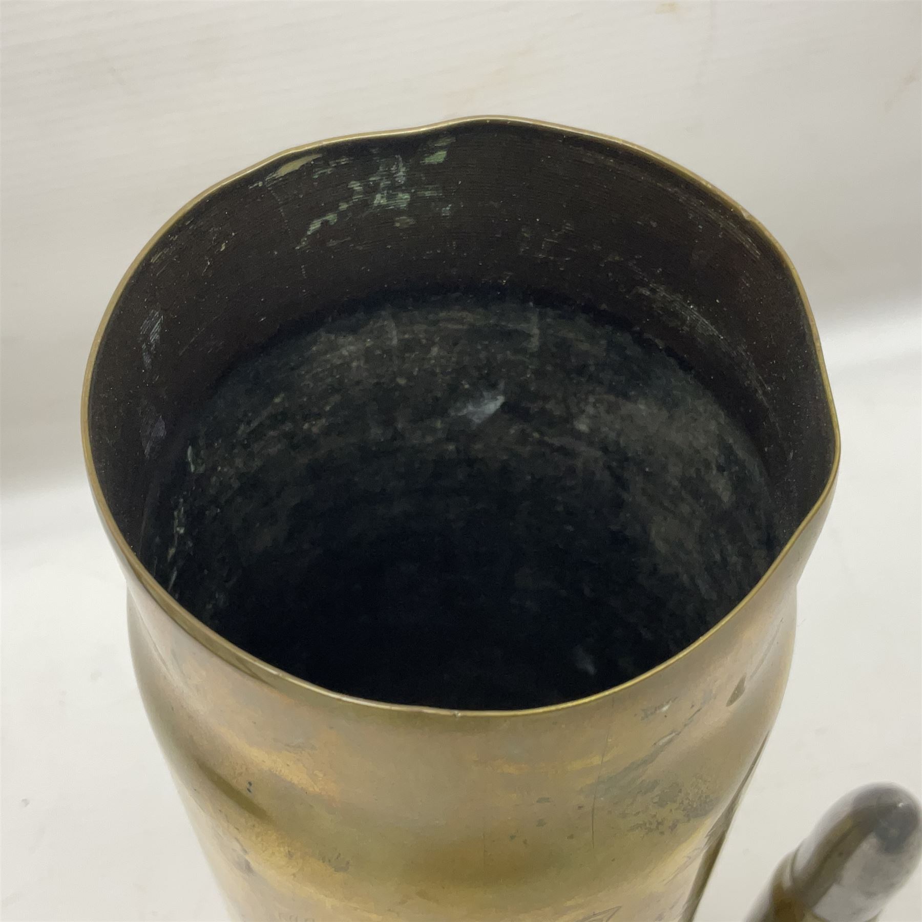WWI trench art 13-pound anti-aircraft brass shell case engraved Alexandra Princess of Wales, Yorkshire Regiment, bears marks for Royal Ordnance Factory Woolwich 1917 H29cm; WWI British shell fuse dated June 1916; and WWII 20mm brass cannon shell dated 1941 (3)