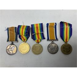 Five WW1 Lincolnshire Regiment medals comprising British War Medal awarded to 37660 Pte. T. Pickering; British War Medal to 42664 Pte. A. Lancaster; Victory Medal to 203847 Pte. P. Stevenson; Victory Medal to 28138 Pte. H. Gale; and Victory Medal to 46875 Pte. J. Owen; all with ribbons; some biographical details (5)