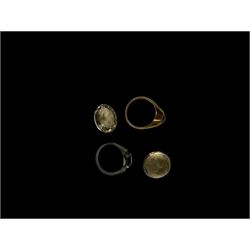 8ct gold single stone star sapphire ring, silver stone set ring and two loose smokey quartz stones
