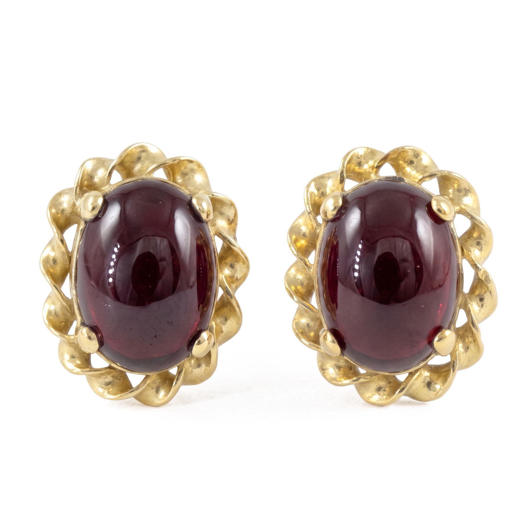 Pair of 9ct gold cabochon garnet stud earrings, stamped