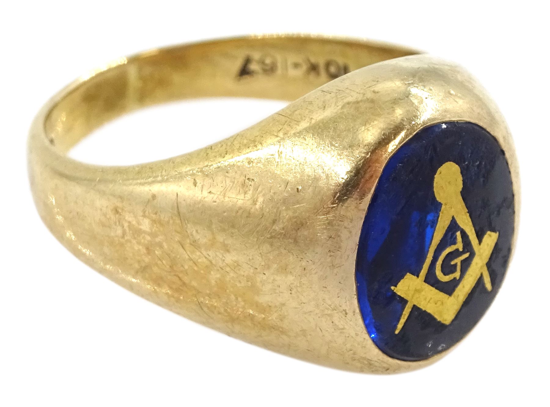 10ct gold blue glass masonic ring, stamped