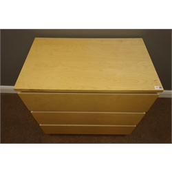  Maple wood finish three drawer chest, W81cm, H78cm, D49cm  