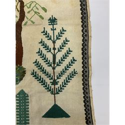 Victorian needlework  picture and verse sampler, 'In memory of Joshua Thomas who died Sep 22nd 1871 age 45', worked by Rebecca Emmott 1872 age 21, H66cm, W61cm 