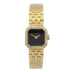 Bueche Girod ladies 9ct gold manual wind wristwatch, with diamond set bezel, on integral 9ct gold bracelet, Birmingham 1987