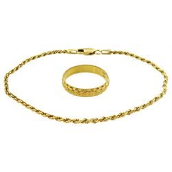 Gold wedding band and a gold bracelet, both 18ct