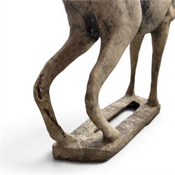 Pair of cast stone garden deer in a weathered finish with two loose antlers