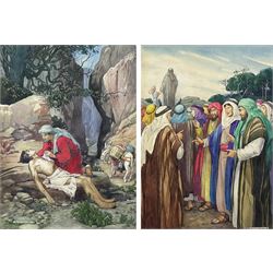 Helen Jacobs BWS (British 1888-1970): Jesus in Palestine - 'The Samaritan Bound up his Wounds' and 'The Quarrelling Broke Out Again', pair watercolour illustrations, illustrated in Freda Collins' book of the same title pub. 1948 p.88 and p.96, 40cm x 28cm (2) (unframed)