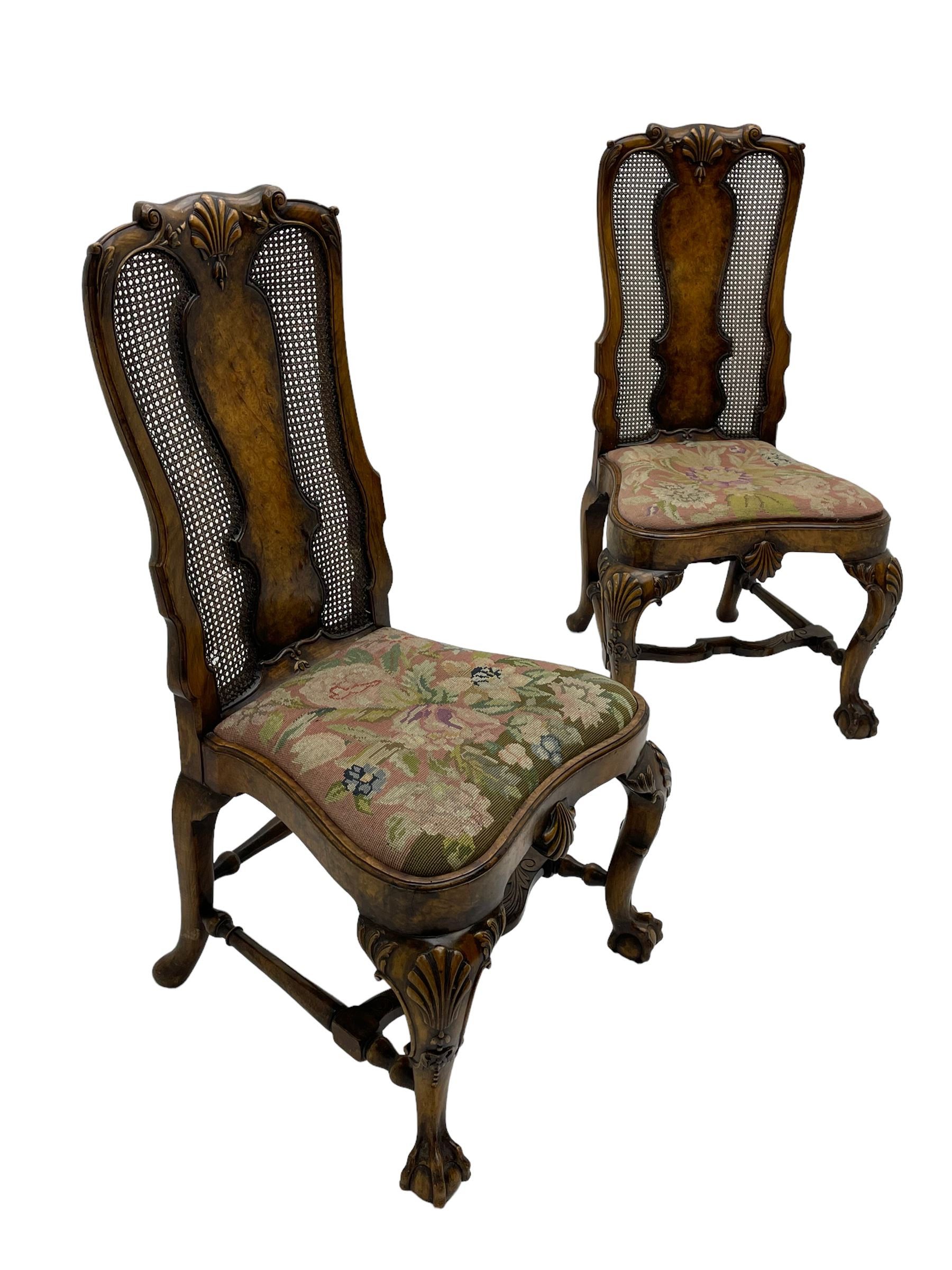 Pair of early 20th century Queen Anne design chairs, the cresting rail carved with scroll and central shell motif, shaped uprights and splat encased in cane work panels, shaped moulded seat frame with shell motif, floral needlework upholstered drop-in seat cushion, on shell carved cabriole supports with ball and claw feet, united by turned and shaped middle stretcher carved with acanthus leaf