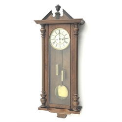 Late 19th century Vienna type wall clock, walnut and beech cased, eight day movement striking the hours and half on coil, H107cm (two weights and pendulum)