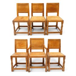 Mouseman - set of six (5+1) 1940s pre-war panel-back dining chairs, the raised backs with ...