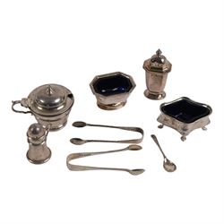 Collection of silver cruet items and flatware, including miniature muffineer, two pairs of...