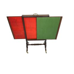 Regency mahogany screen with two horizontal and one vertical pull-out panels, on base with carved sabre legs and rope-twist stretcher