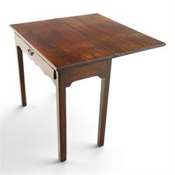 Georgian oak tea table, rectangular fold-over top above single frieze drawer with brass swing handle, shaped apron, gateleg raised on square tapering supports