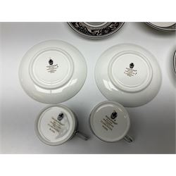 Wedgwood navy Florentine pattern coffee service for six, comprising coffeepot, coffee cans and saucers, milk jug, twin handled covered sucrier and small dish