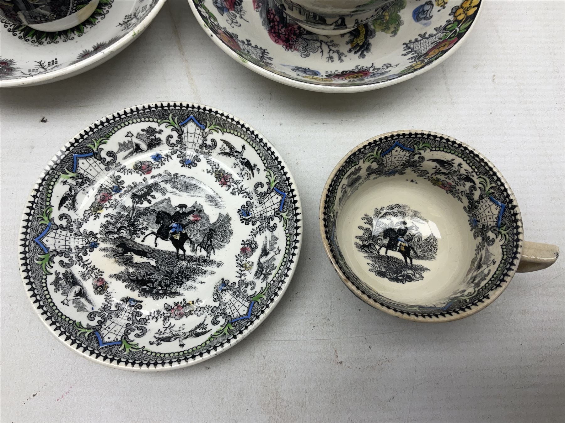 Collection of 19th century tea wares by William Smith & Co, decorated in various patterns including Cupid, Tally Ho and Fountain 