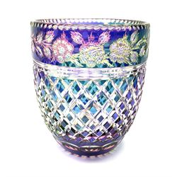 A large iridescent purple flashed, overlaid and cut glass vase, H24cm rim D20cm.