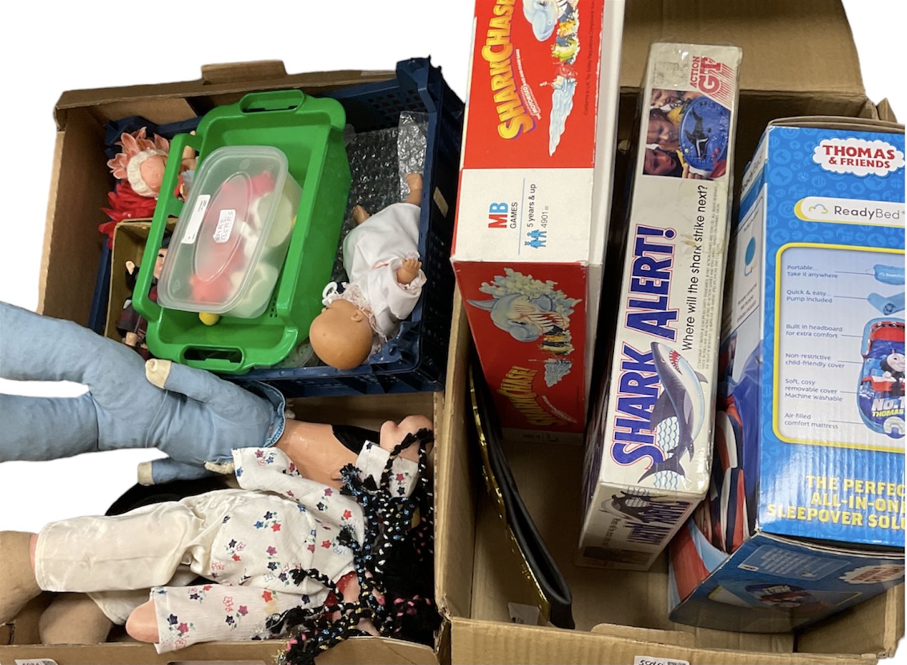 Collection of various toys to include Troll dolls, Guess Who, stuffed toy lion, Shark Chase, Shark Alert, Thomas and Friends Ready bed, and costume jewellery etc