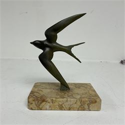 Bronze figure of a swift, the bird sculpted in mid flight upon marble base, signed G. Garreau, H17cm