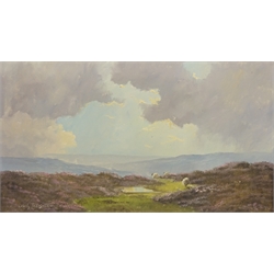 Moorland Sheep, oil on board signed by Lewis Creighton (British 1918-1996) 39cm x 70cm  