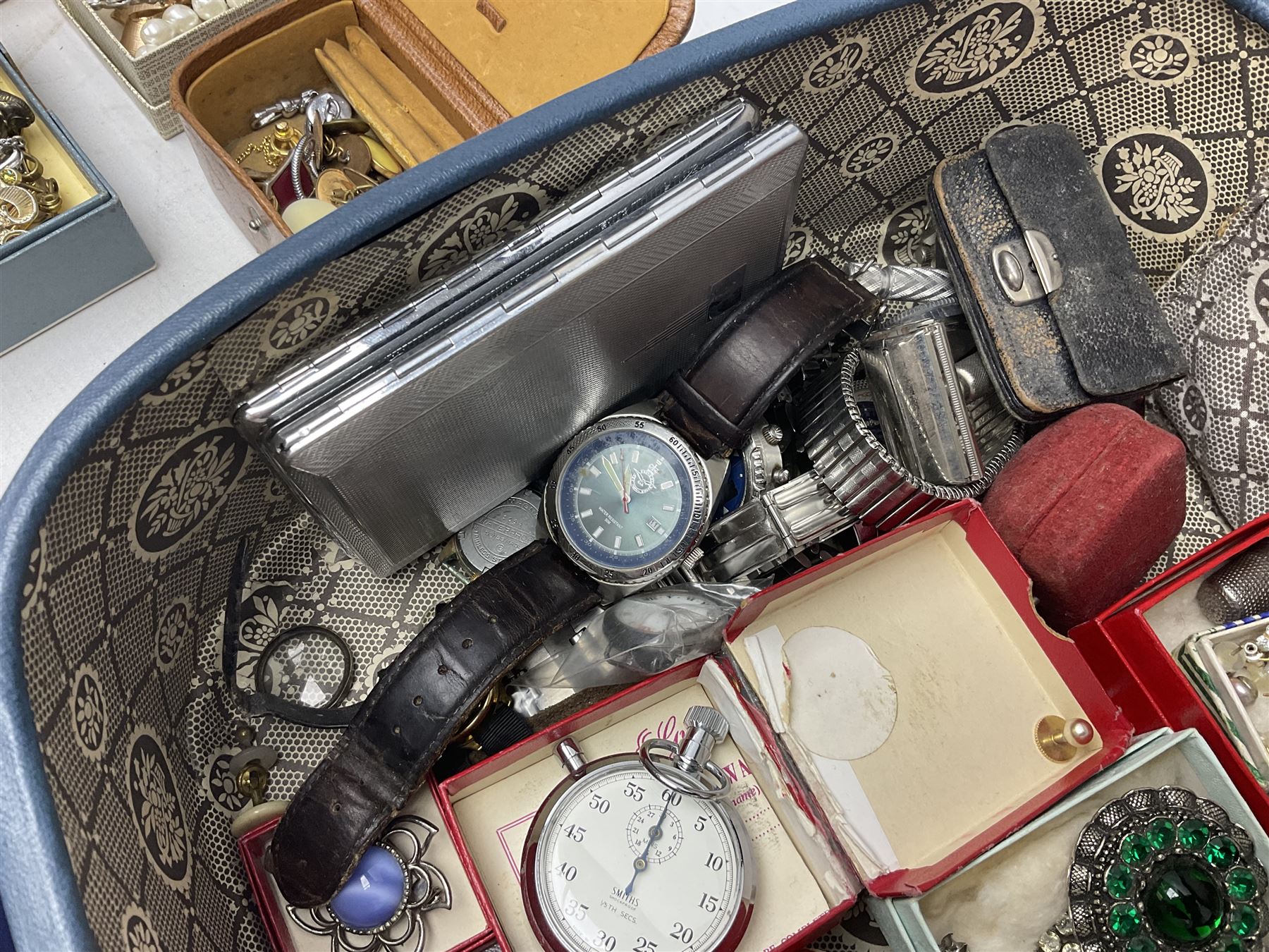 Victorian and later jewellery including silver thimble, rolled gold pendants, earrings and brooches and a collection of wristwatches including Sekonda, The Westminster Collection Historic Timepieces Spitfire pocket watch etc
