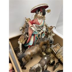 Collection of 20th century, mostly Chinese collectables, to include carved wooden horses, cork sculpture, pair of hardstone bird figures on stands, dolls, etc