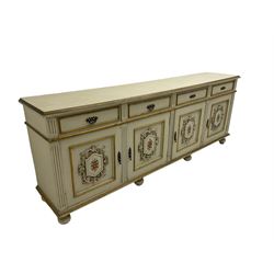 Portuguese painted sideboard, Portuguese painted dresser, fitted with four drawers over four cupboards flanked by fluted uprights, the panelled cupboards with floral decoration and a rinceaux border, white painted and parcel-gilt 