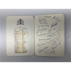 Hull City AFC 1947 presentation dinner menu/programme bearing twenty-four signatures including Bill Bly, David Davidson, Wilf Hassall, Harry Brown, Frank Buckley (Manager), Alderman Robinson Lord Major of Hull etc; and FA Cup 1981 Centenary Banquet menu/programme bearing multiple signatures including Bobby Robson, Ron Greenwood, Tom Finney, Tony Book, Frank McLintock, Bobby Kerr, Emlyn Hughes, Don Welsh, Johnny Carey etc; Provenance: By direct descent from the family of Raich Carter having been consigned by his daughter Jane Carter (2)