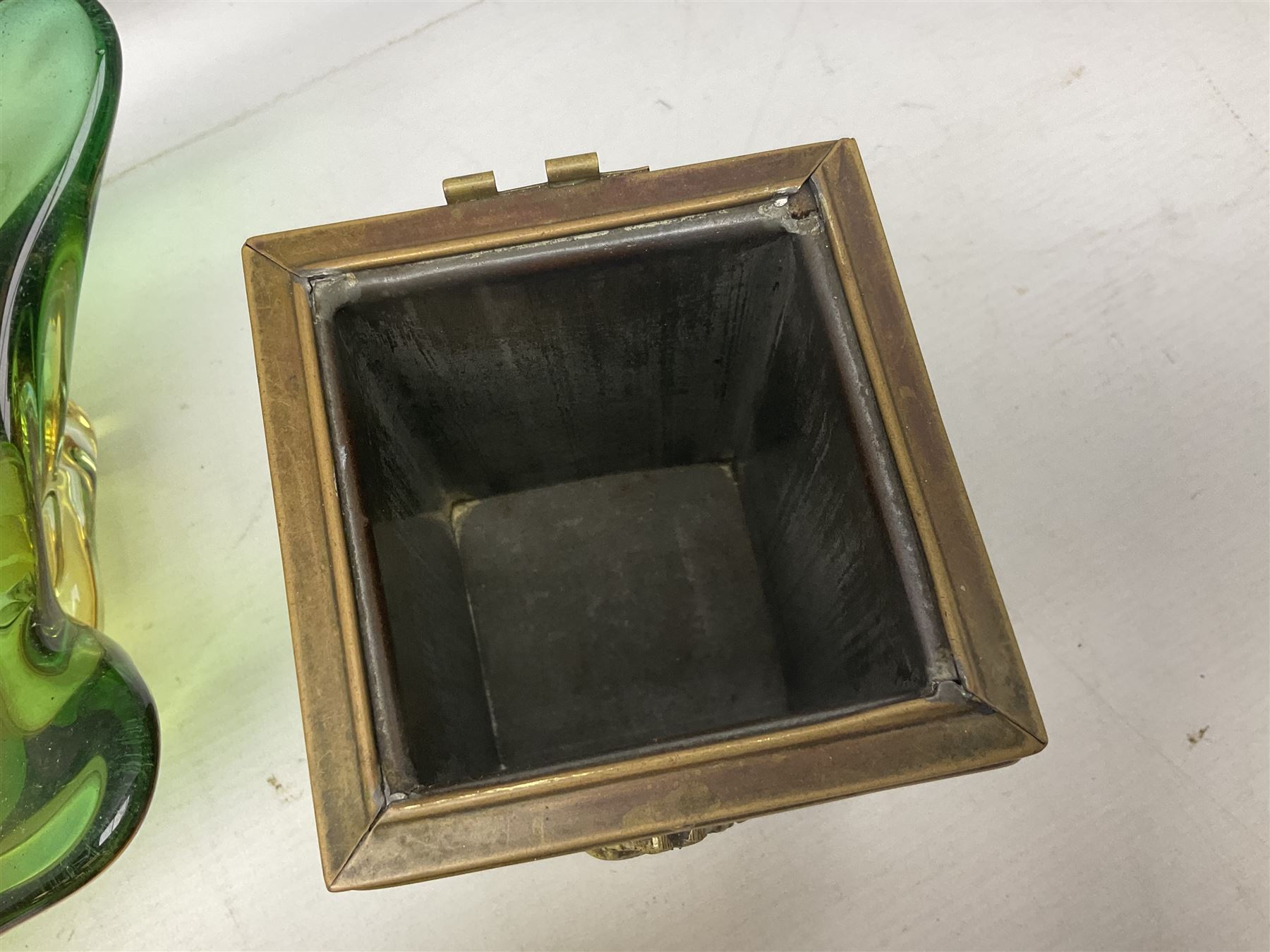 Metamec and H. Samuel battery operated brass carriage clocks, bronzed style abstract figure signed 'Cotp W', two art glass splash bowls, etc