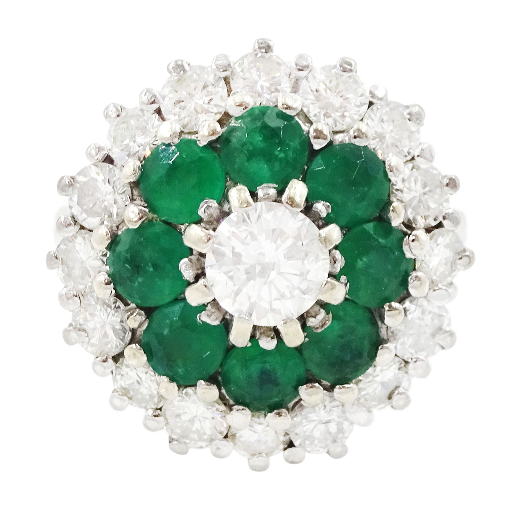 18ct white gold round brilliant cut diamond and round cut emerald cluster ring, principal diamond approx 0.45 carat, total diamond weight approx 1.55 carat