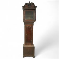 Three empty oak longcase clock cases-for restoration , parts, repair, and two 30hr chain driven movements with 12