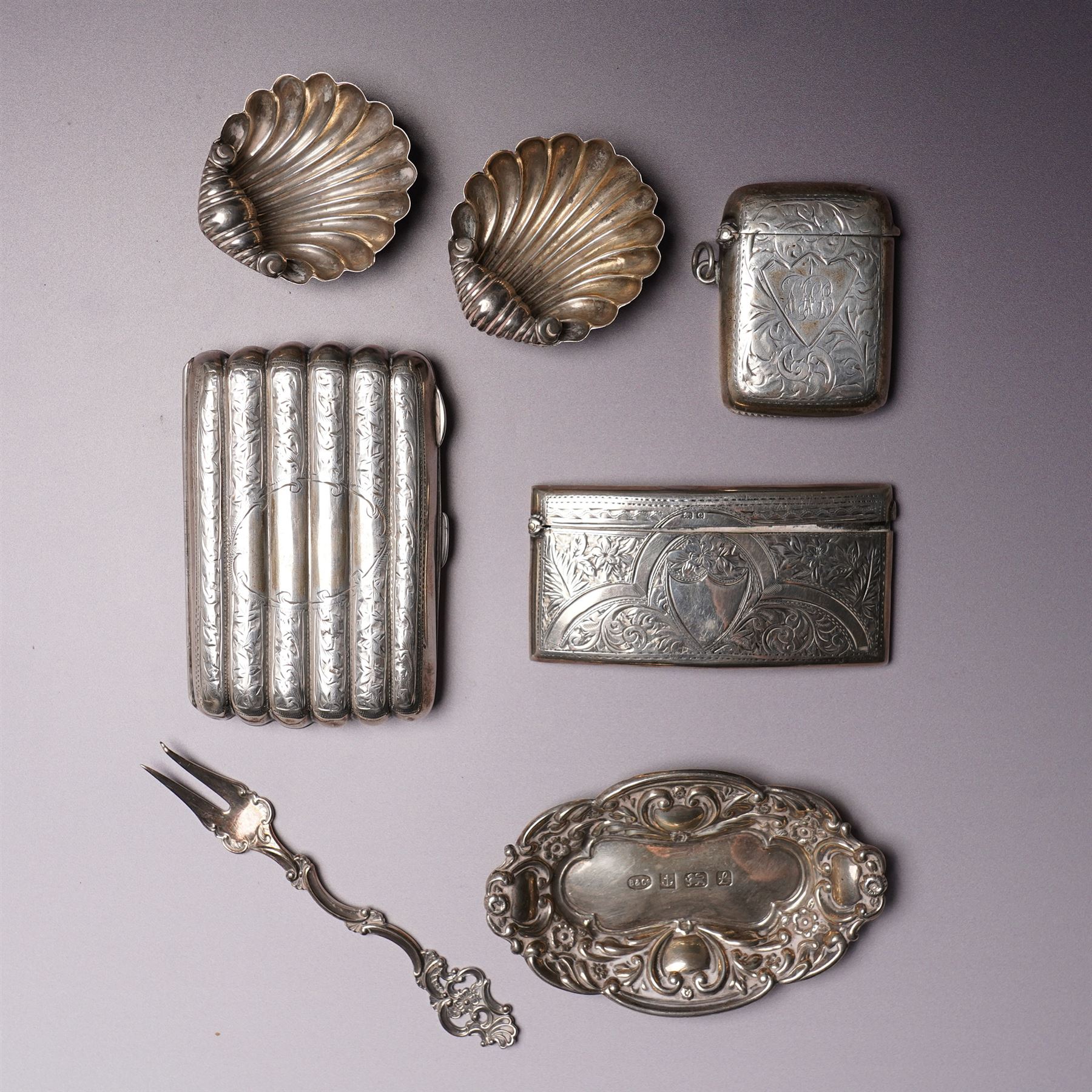 Edwardian engraved silver visiting card case Birmingham 1902 Maker Arthur Cook, silver cheroot case Birmingham 1906 Maker John Thompson & Sons, small silver sweetmeat dish, pair of shell salts, vesta case and a Norwegian silver fork by Th. Marthinsen