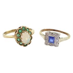 Early 20th century gold sapphire and diamond chip ring, stamped 9ct & Plat and a 9ct gold opal and emerald cluster ring, hallmarked