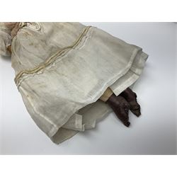 Victorian wax shoulder head doll with pale complexion, applied hair, inset glass eyes and fabric covered jointed body with kid leather lower arms; white linen dress and undergarments H50cm