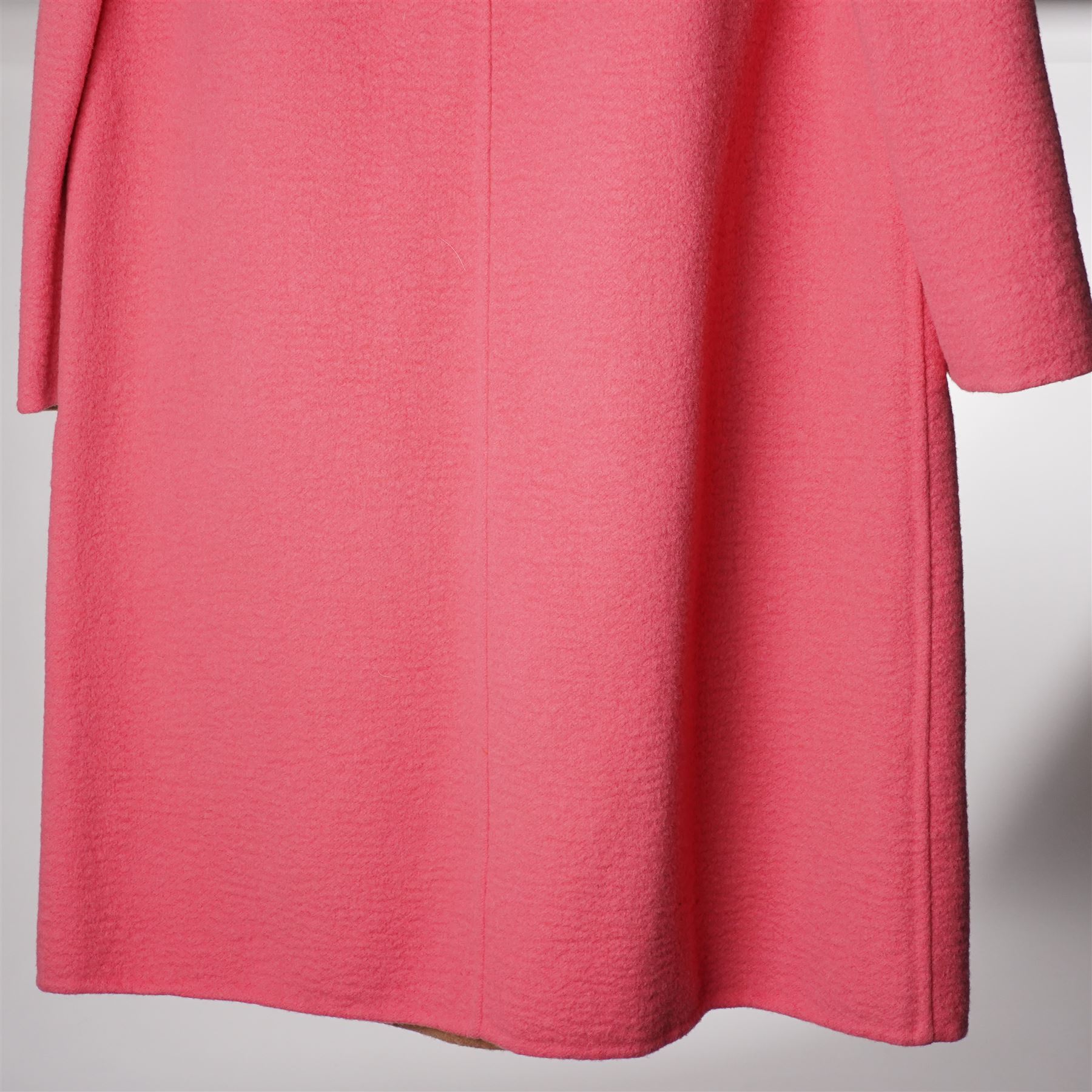 Prada - wool single-breasted camel coat with bright pink outer, with detachable mink fur collar, three-quarter length sleeves, cloth-covered and gold-tone hardware button front fastening, with side slip pockets, size 44, unused