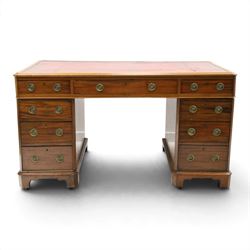 Late Victorian mahogany desk with red leather top, rectangular top with inset toold red le...
