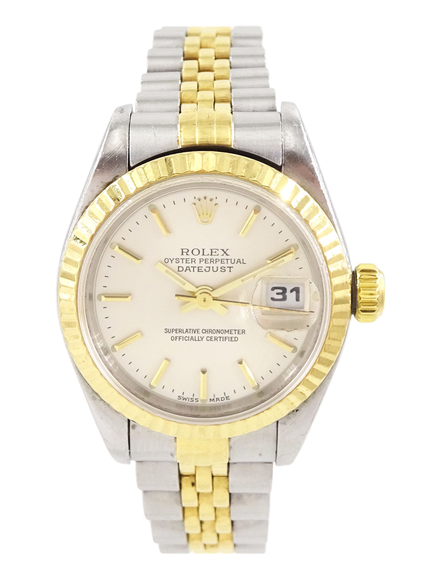 Rolex Oyster Perpetual DateJust ladies stainless steel and gold automatic wristwatch, circa 2000, Ref. 79173, serial No. P551650, silvered dial with baton hour markers,  on Rolex Jubilee stainless steel and gold bracelet, with fold-over clasp, boxed with papers