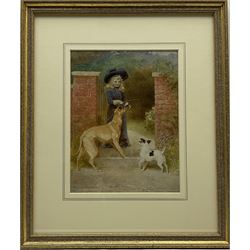 Helena Maguire (British 1860-1909): Girl at the Garden Gate with Two Dogs, watercolour signed 28cm x 21cm