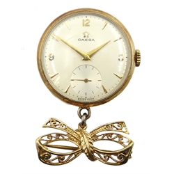  Omega 9ct gold fob watch calibre 266, back case stamped 754948, Birmingham 1956, with 9ct gold bow brooch hallmarked  