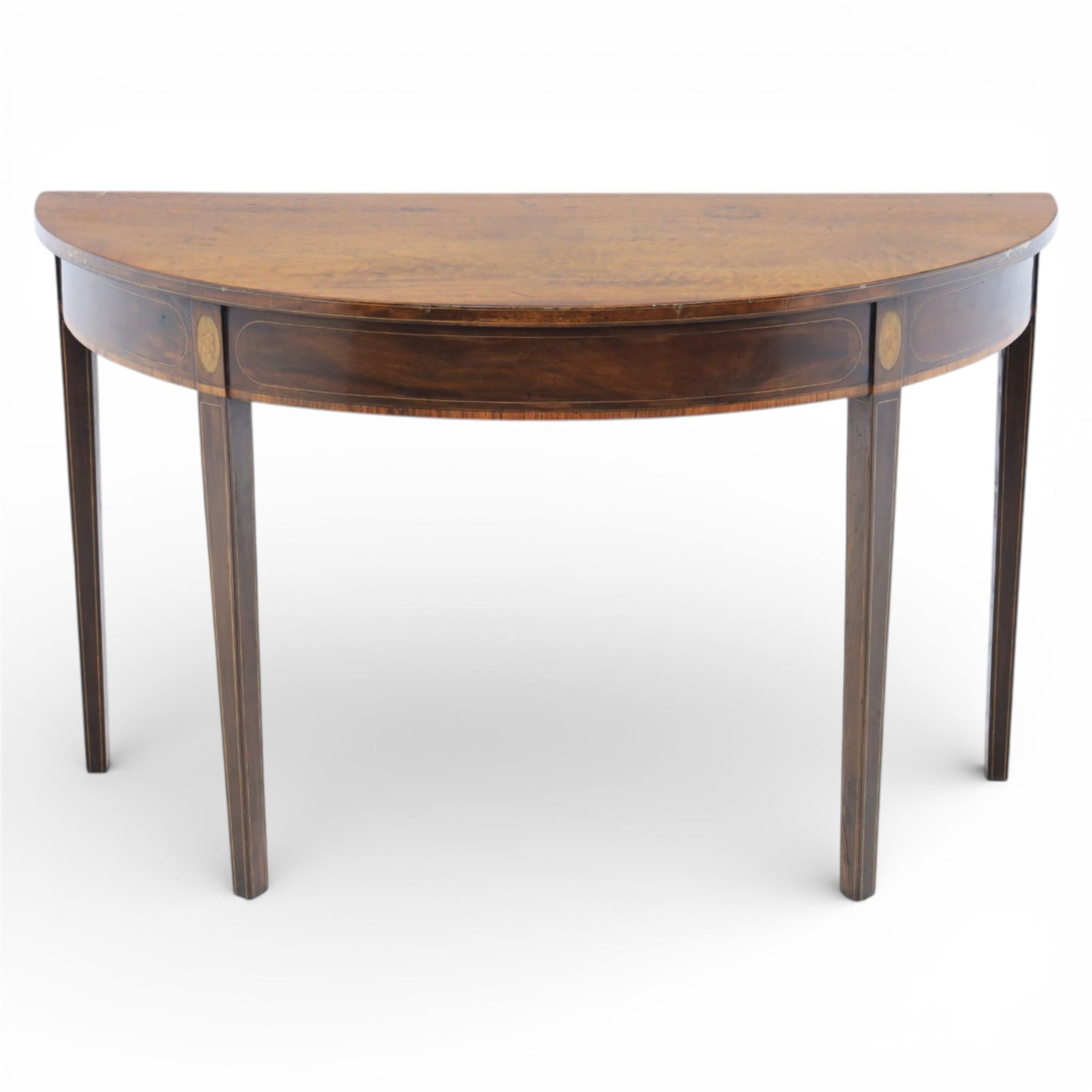 Georgian inlaid mahogany demi lune console table, with inlaid frieze and shell motifs, on square tapering supports 